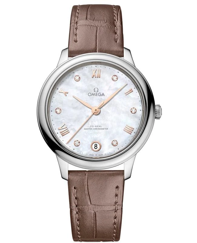 Omega Omega De Ville Prestige Co-Axial Master Chronometer 34mm Automatic Mother of Pearl Diamond Dial Taupe Leather Strap Women's Watch 434.13.34.20.55.001 1