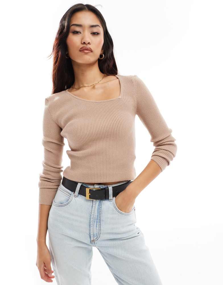 Y.A.S. YAS asymmetric neck long sleeve knitted top in beige - BEIGE