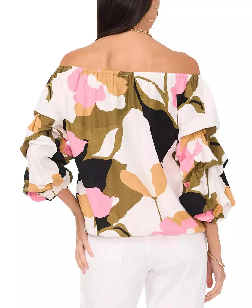 Vince Camuto Women's Printed Linen-Blend Off The Shoulder Bubble Sleeve Tie Front Top 2