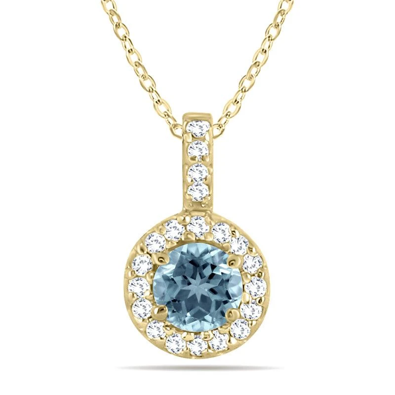 Monary 1/2 Carat TW Halo Aquamarine And Diamond Pendant in 10K Yellow Gold 1