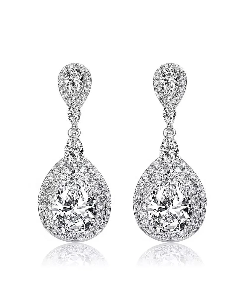 Genevive Sterling Silver with Rhodium Plated Clear Pear with Marquise and Round Cubic Zirconia Double Halo Dangle Earrings 2