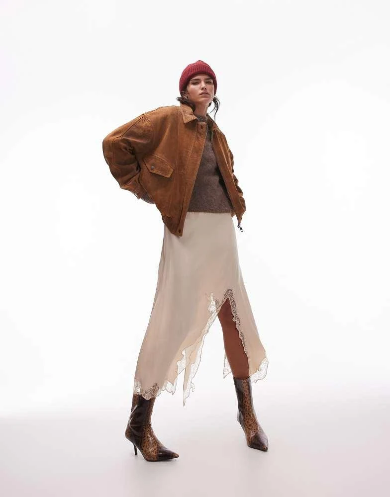 Topshop Topshop premium real suede oversized bomber jacket in tan 2
