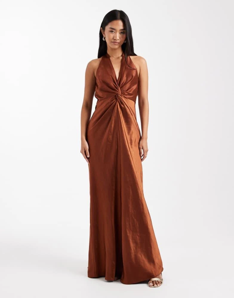 brown puff sleeve maxi dress Draped Twist-Front Maxi Skirt - Brown
