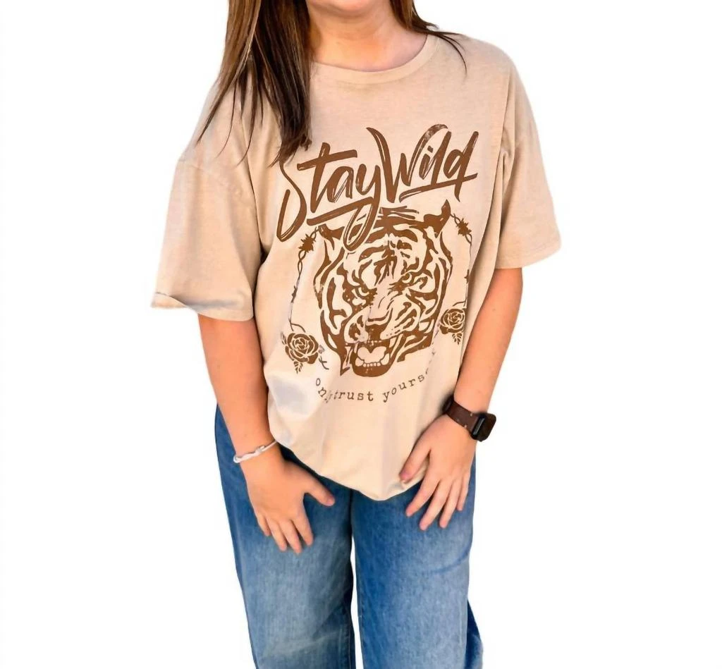 Tres Bien Premium Wash Oversized Stay Wild Tiger Graphic Top 1