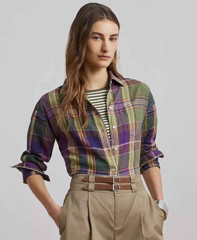 Ralph Lauren Petite 100% Linen Relaxed-Fit Plaid Linen Shirt 1
