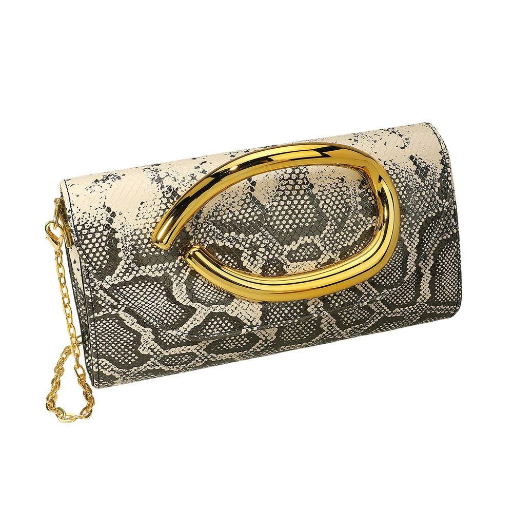 FASHNZFAB Bold Hardware Accent Snake Pattern Faux Leather Evening Clutch Bag Crossbody Bag 2
