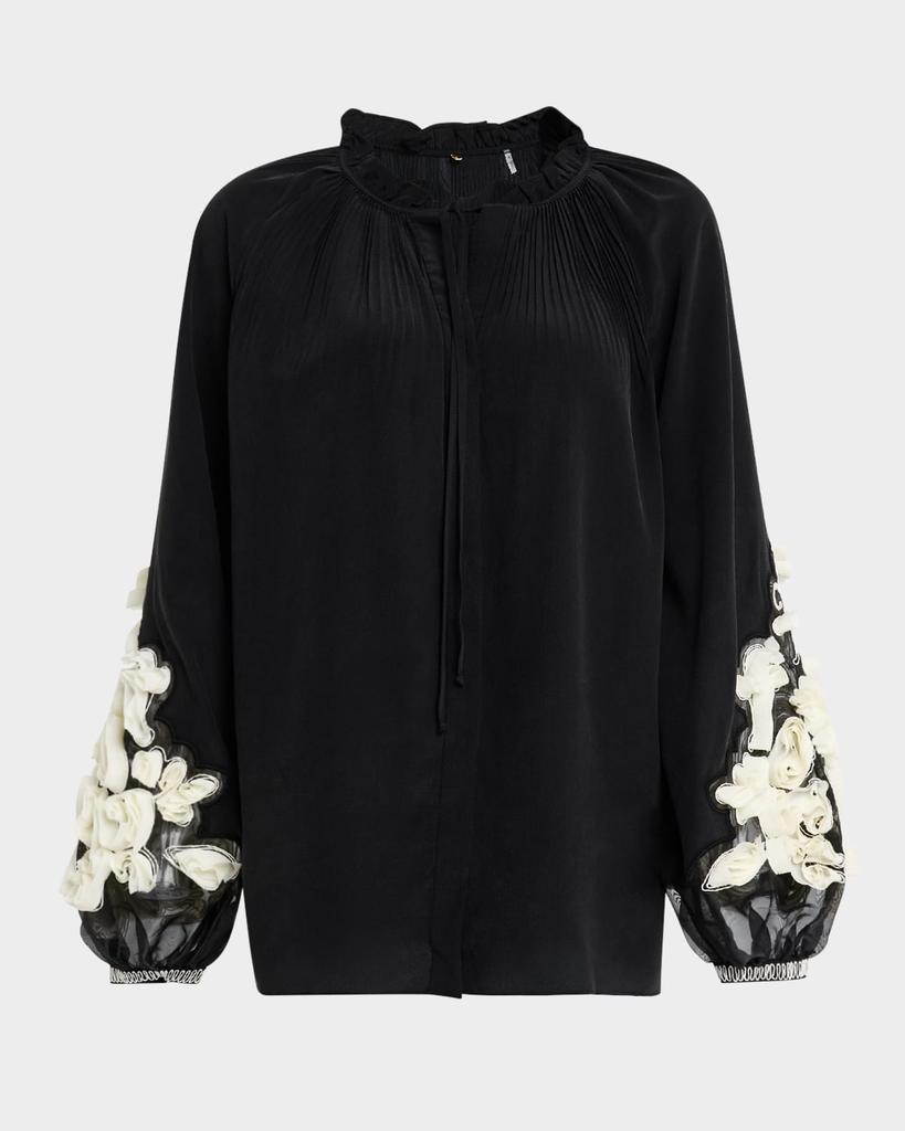 Kobi Halperin Carlin Blouson-Sleeve Floral Applique Blouse