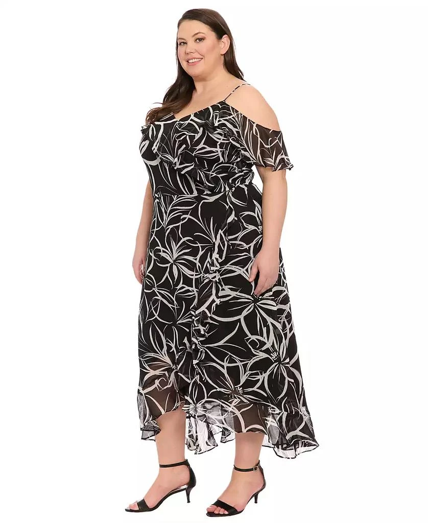 London Times Plus Size Printed Cold-Shoulder Ruffle Dress 1