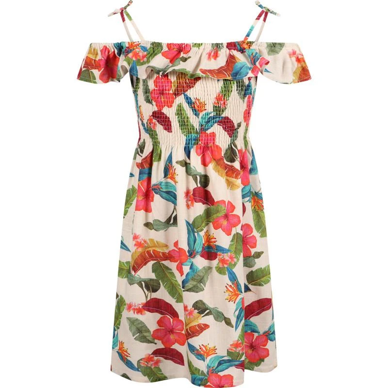BANANA MOON Tropical flowers ruffle detailing fine straps dress in cream 1