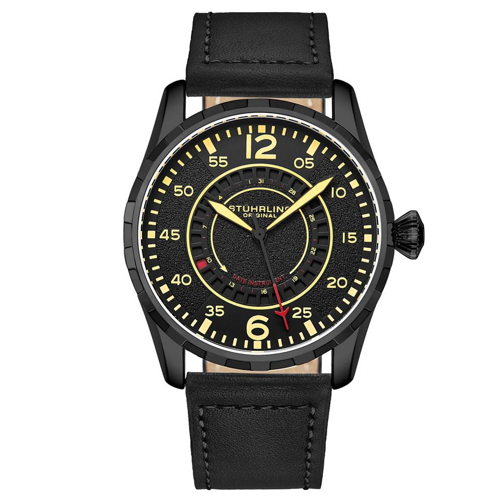 Stuhrling Men's Quartz Black Genuine Leather Strap Watch 44mm