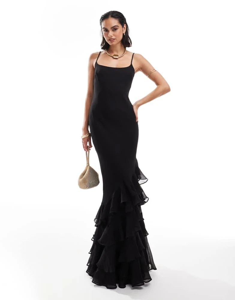 ASOS ASOS DESIGN scoop neck bias maxi dress with ruffle hem in black 1