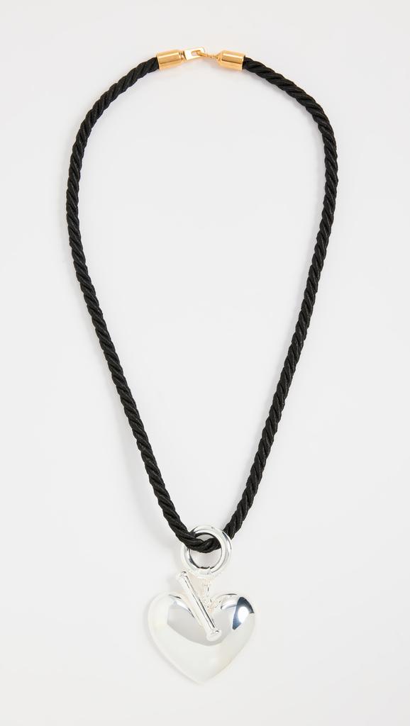 Timeless Pearly Black Cord Necklace with Silver Heart