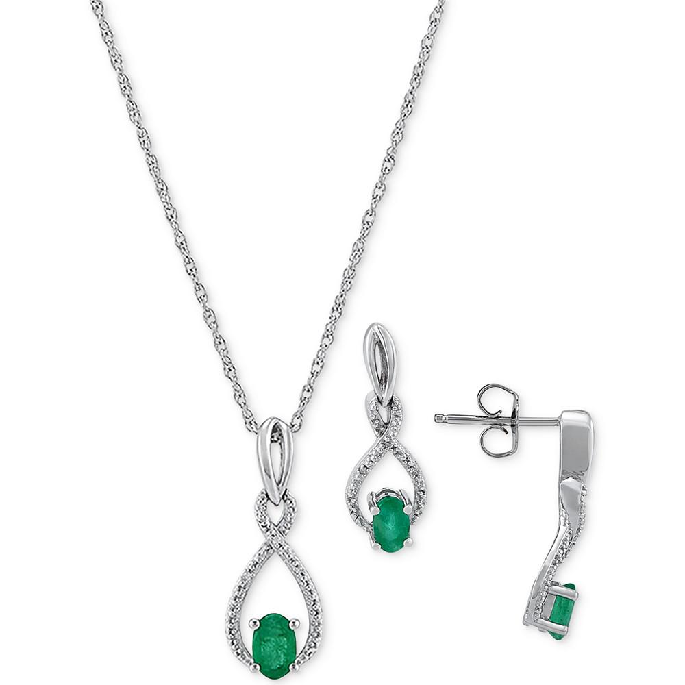 Macy's 2-Pc. Set Sapphire (1-1/3 ct. t.w.) & Diamond (1/20 ct. t.w.) Pendant Necklace & Matching Drop Earrings in Sterling Silver (Also in Emerald)