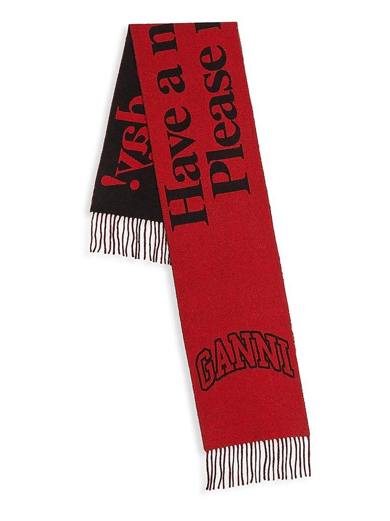 Ganni Slogan Wool Fringe Scarf 3