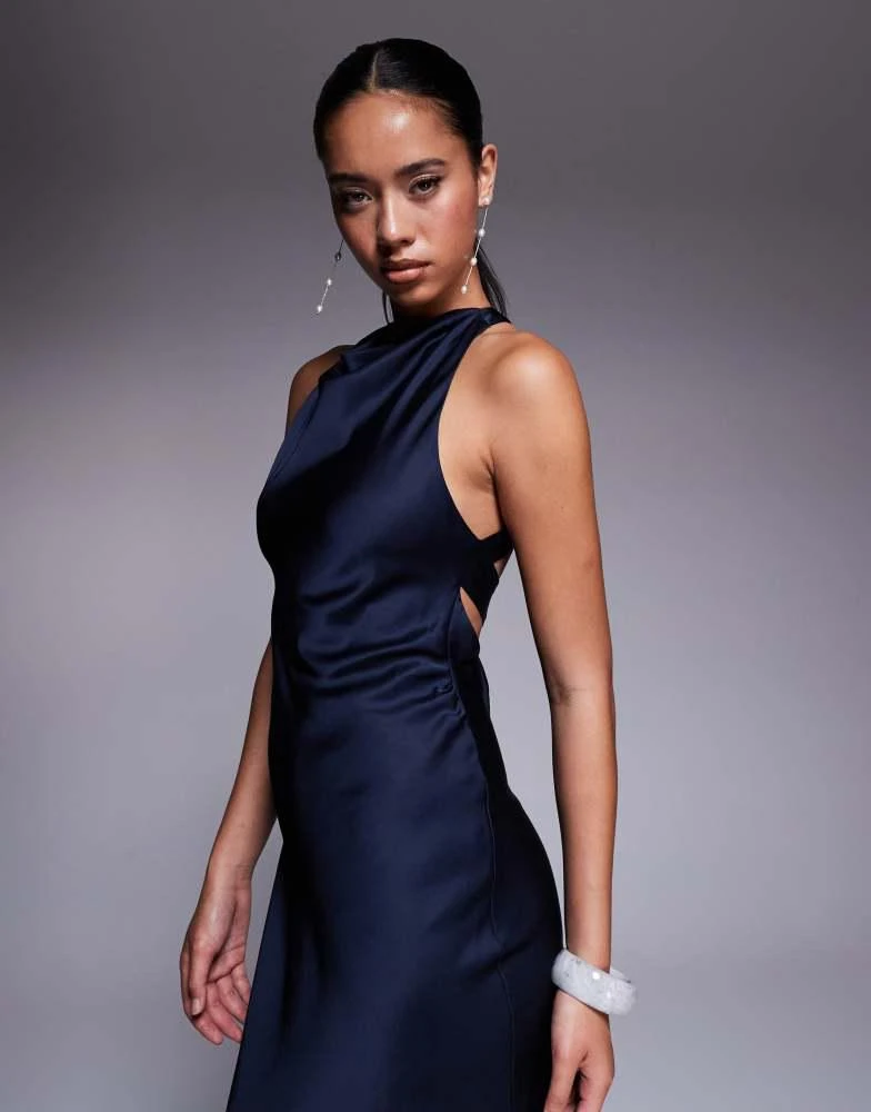 navy blue dress for baby girl Forever New backless satin high neck maxi dress in moonlight – On Sale Now  with Up to 36% Off
