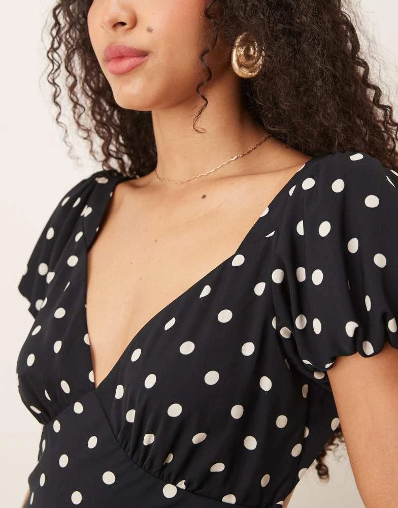 Abercrombie & Fitch Abercrombie & Fitch puff sleeve tie back slip maxi dress in black polka dot 3