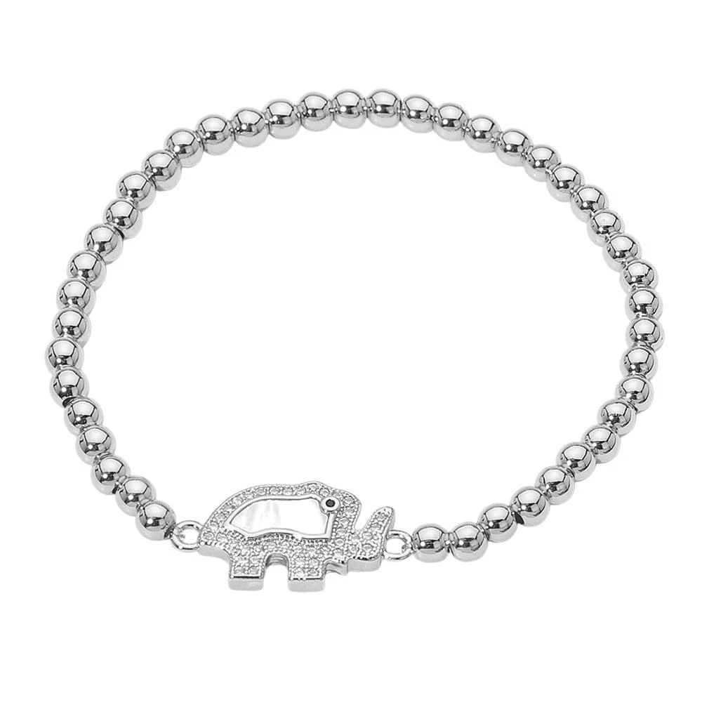 FASHNZFAB Stainless Steel CZ Paved Rim Mother of Pearl Elephant Charm Beaded Stretch Bracelet 2
