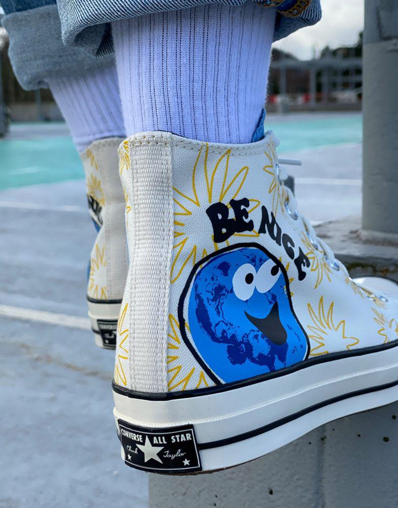 Converse Converse Chuck 70 Hi Much Love printed trainers in white and yellow
