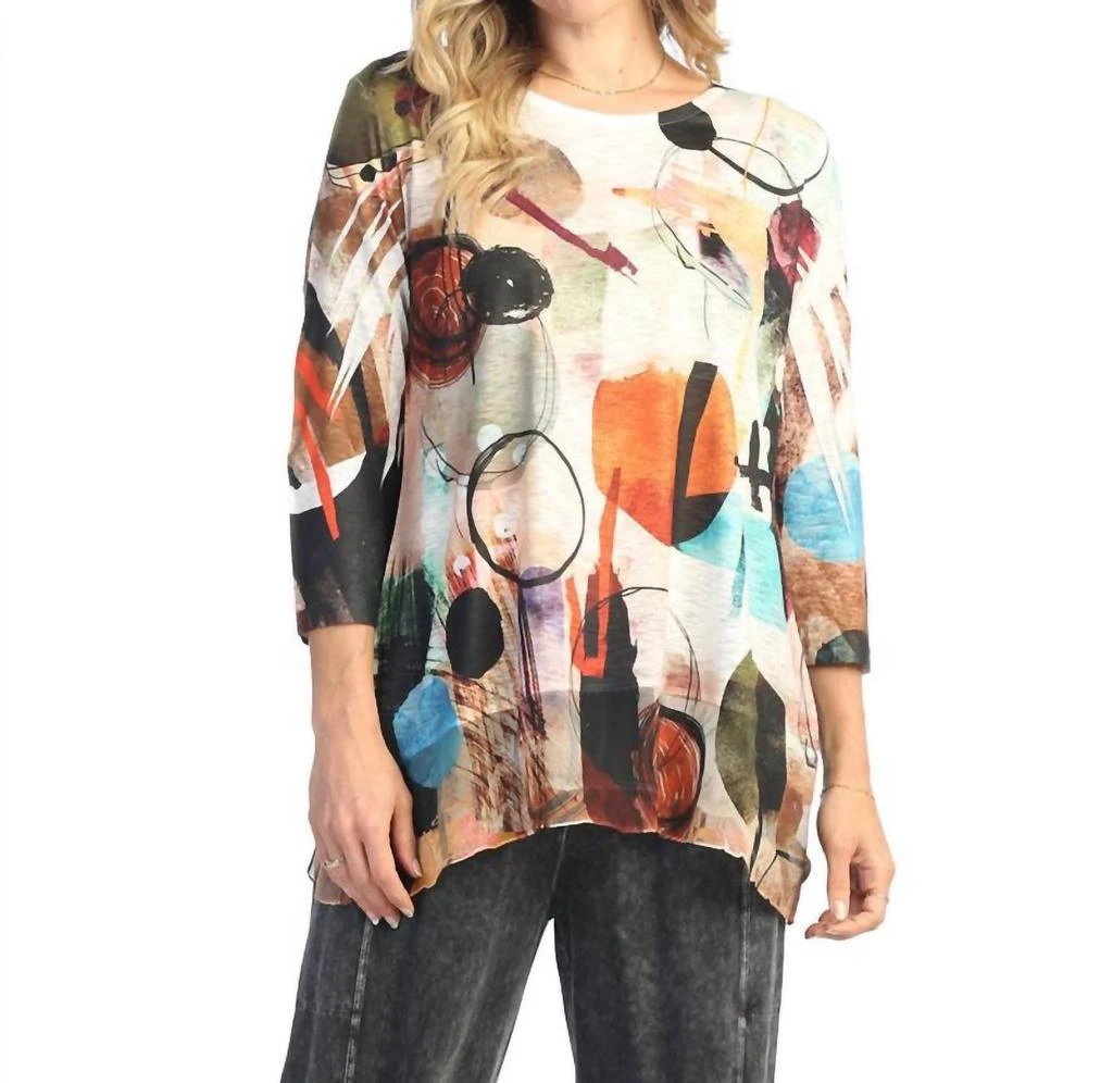 Jess & Jane Jess & Jane - Abstract 3/4 Sleeve Chiffon Trim Hem Top