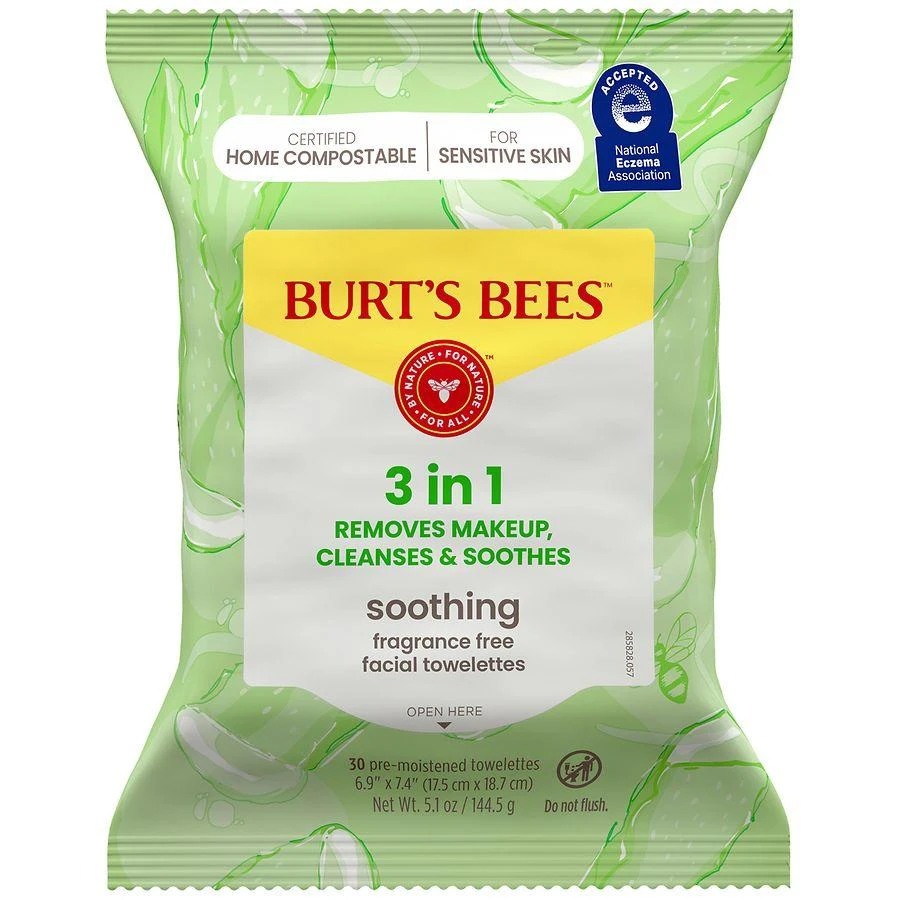 Burt's Bees Soothing 3-in-1 Pre-Moistened Towelettes for Sensitive Skin Aloe Vera 8
