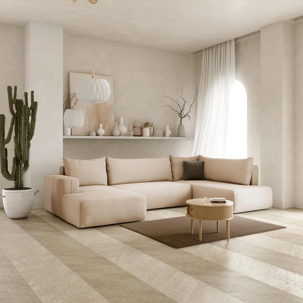 预计3周后发货 Nazar Home Canapé D'Angle Convertible 6 Places - Angle Droit - Nala - Tissu Beige 2