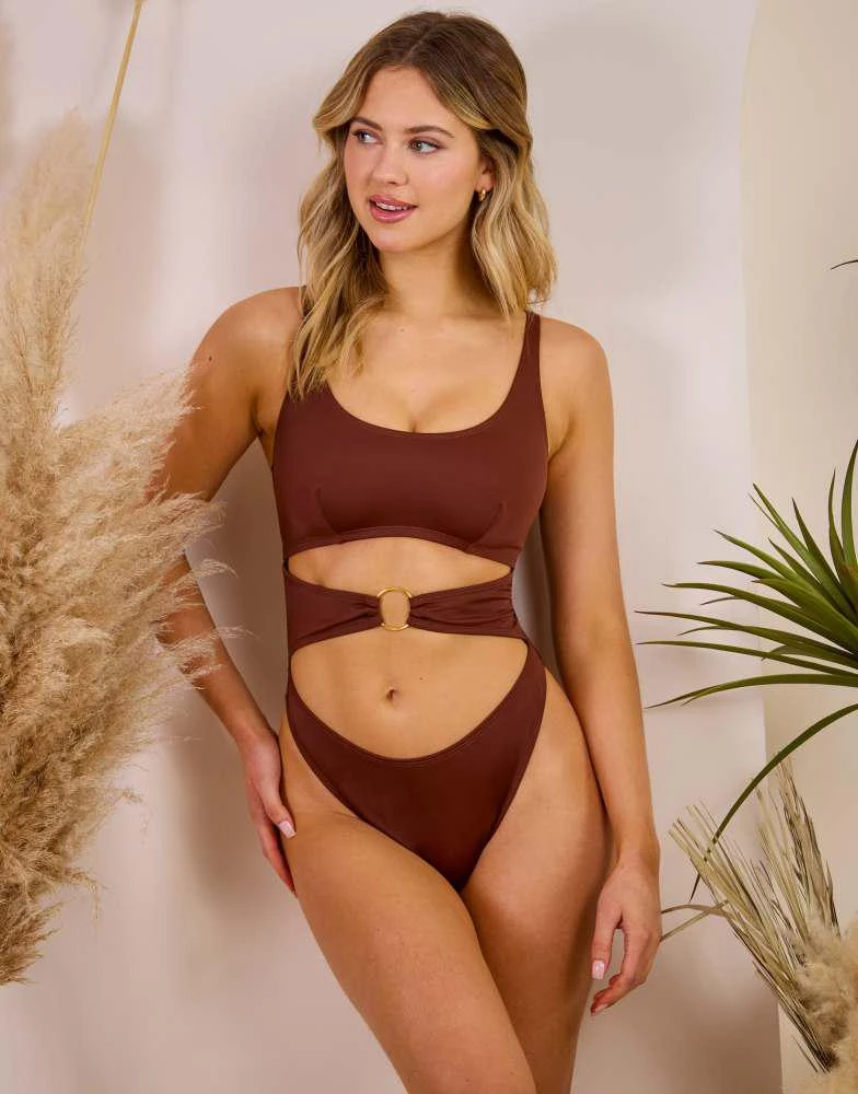 Wolf & Whistle Wolf & Whistle x Maia Andrews cut out ring front swimsuit in brown 4