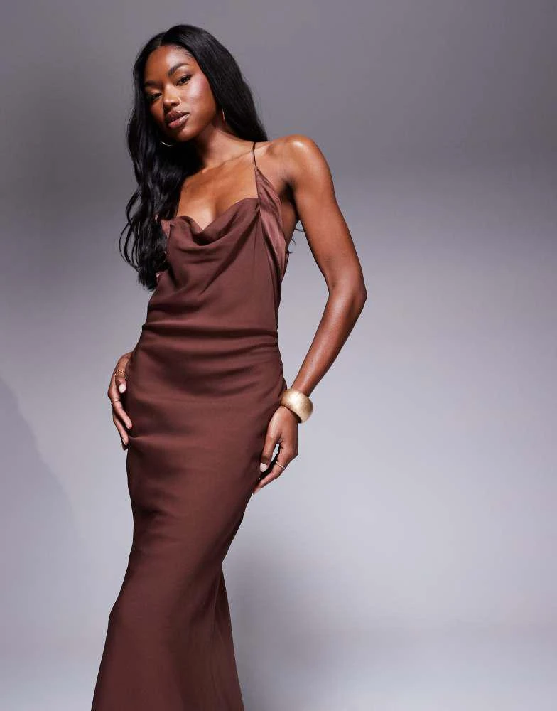 ASOS DESIGN satin and chiffon mix cowl neck bias maxi dress in chocolate   On Sale Now with Up to 31% Off | Discover Exclusive Deals & Savings at  BeyondStyle  Authentic