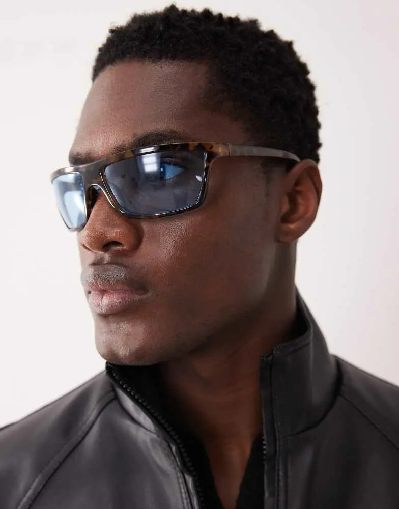 ASOS DESIGN wrap sunglasses with blue lens and tortoiseshell frame