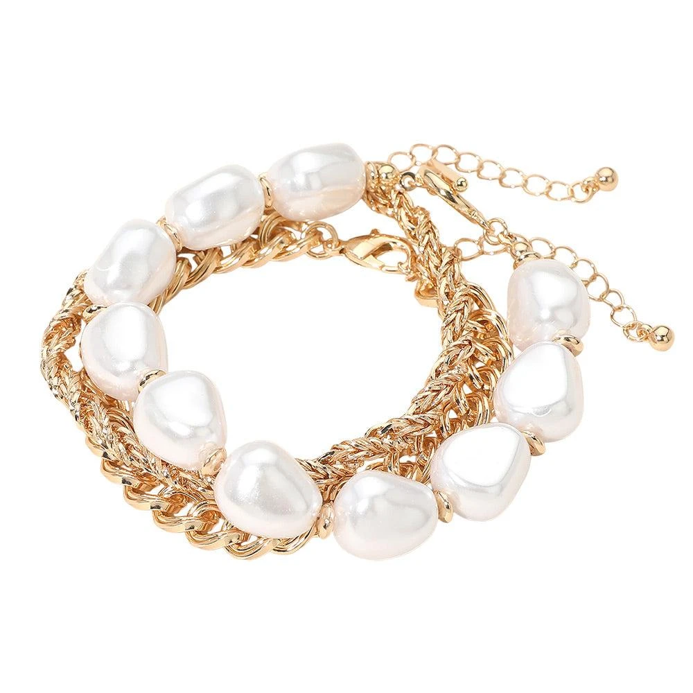 FASHNZFAB 3PCS - Bold Chunky Pearl Beaded Chain Multi Layered Bracelets 3