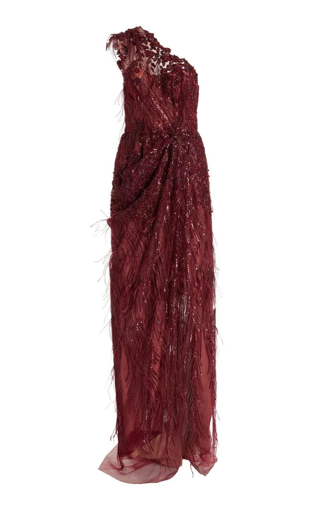 MARCHESA Marchesa - Lace Off-Shoulder Feather-Embellished Lace Gown - Burgundy - US 2 - Moda Operandi 1