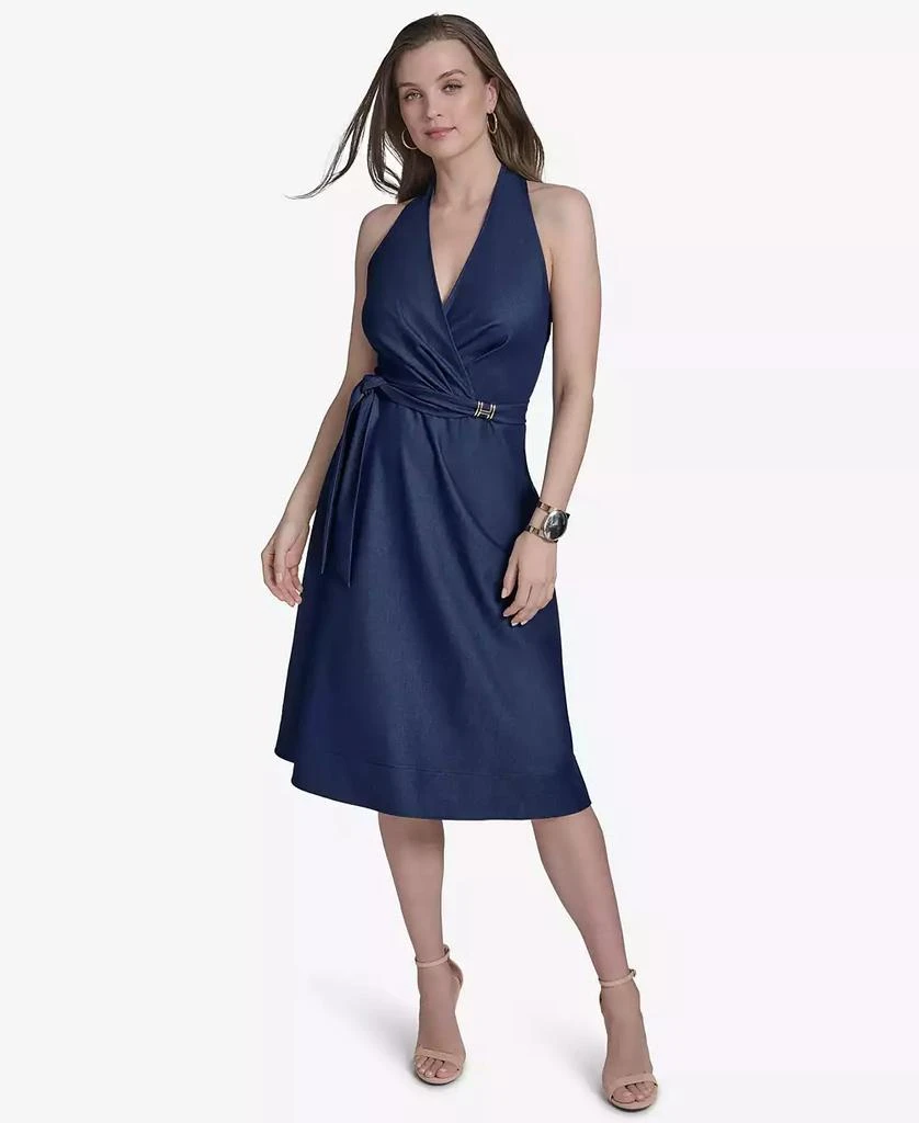 HALSTON Women's Sleeveless Halter-Neck Faux-Wrap Midi Dress 5