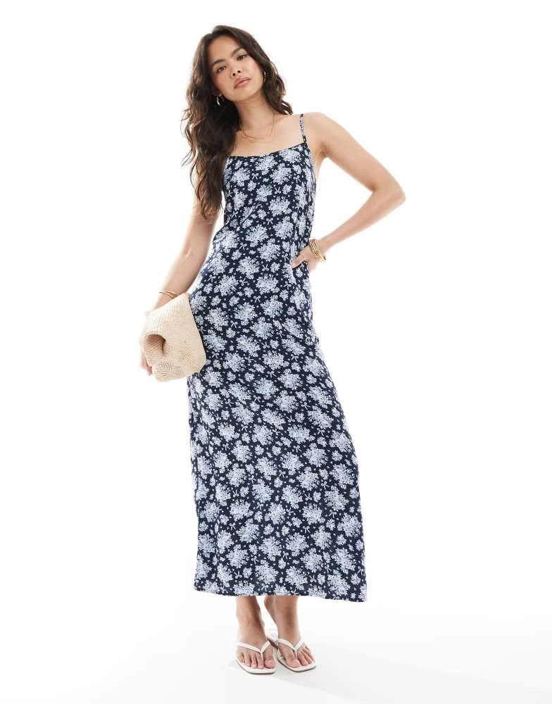 Miss Selfridge Miss Selfridge strappy scoop neck maxi slip dress in blue bow
