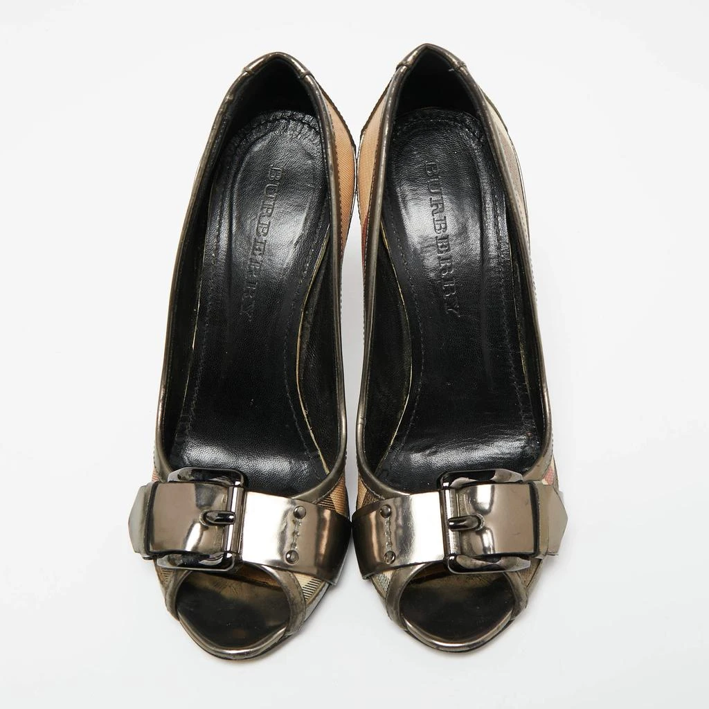 Burberry Burberry Metallic Grey Leather And House Check Canvas Buckle Peep Toe Pumps Size 37 3