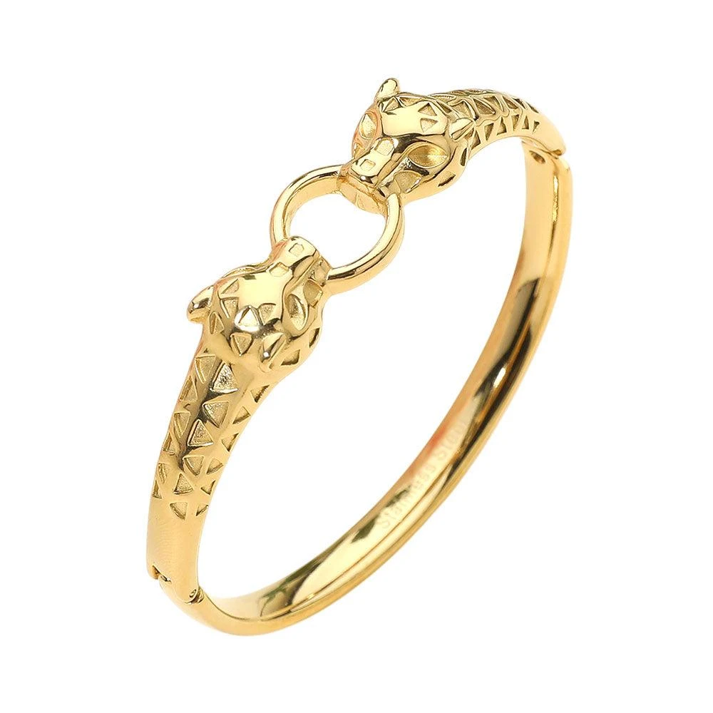 FASHNZFAB Stainless Steel Leopard Head Link Hinged Bangle Bracelet 2
