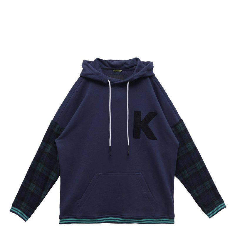 Konus Men's Pullover Hoodie With Wool Blend Plaid Sleeves Navy