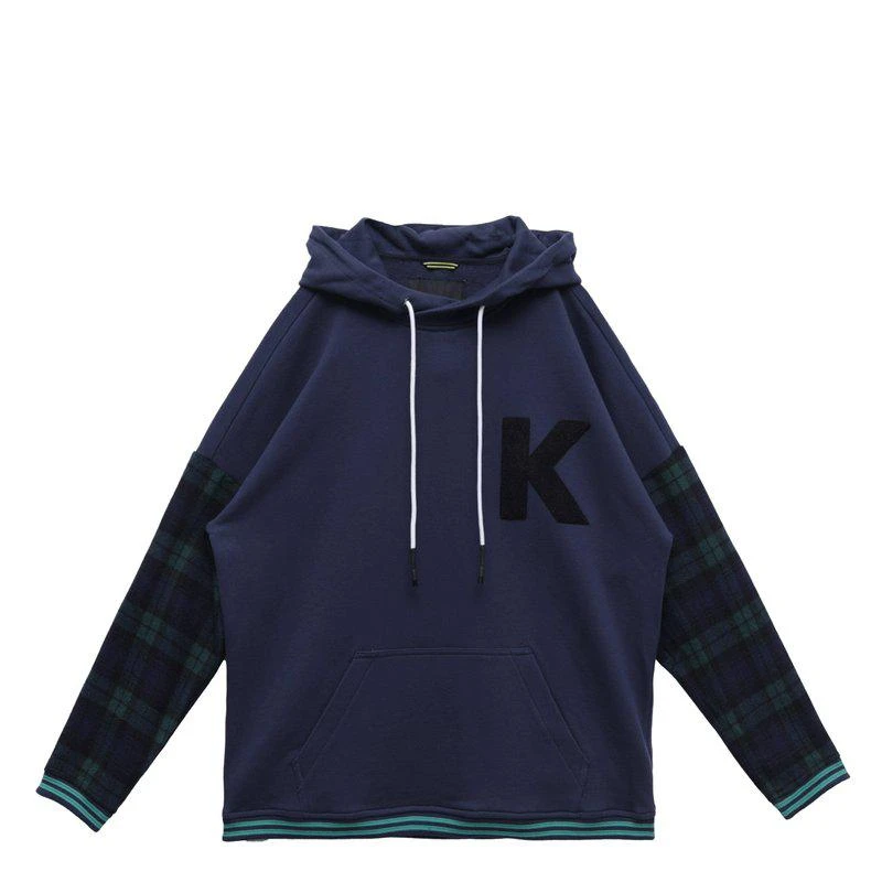 Konus Men's Pullover Hoodie With Wool Blend Plaid Sleeves Navy 1