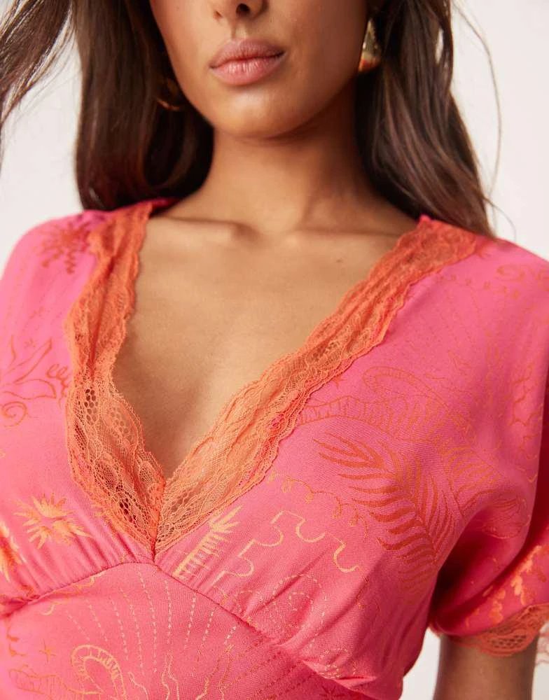 Never Fully Dressed Never Fully Dressed lace trim midaxi dress in red and pink print 4