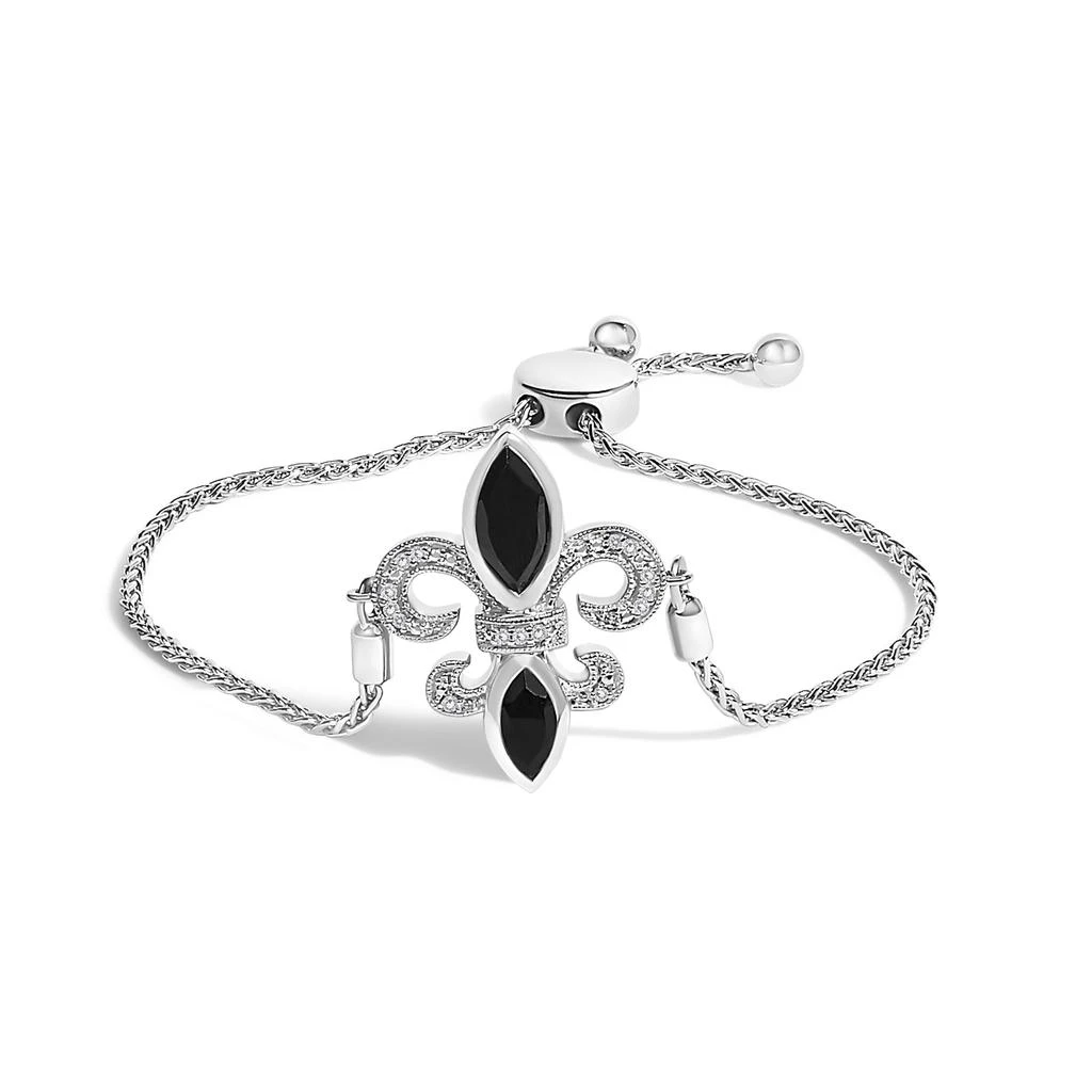 Haus of Brilliance .925 Sterling Silver Marquise Black Onyx and Diamond Accent Lariat 4”-10” Fleur De Lis Adjustable Bolo Bracelet
