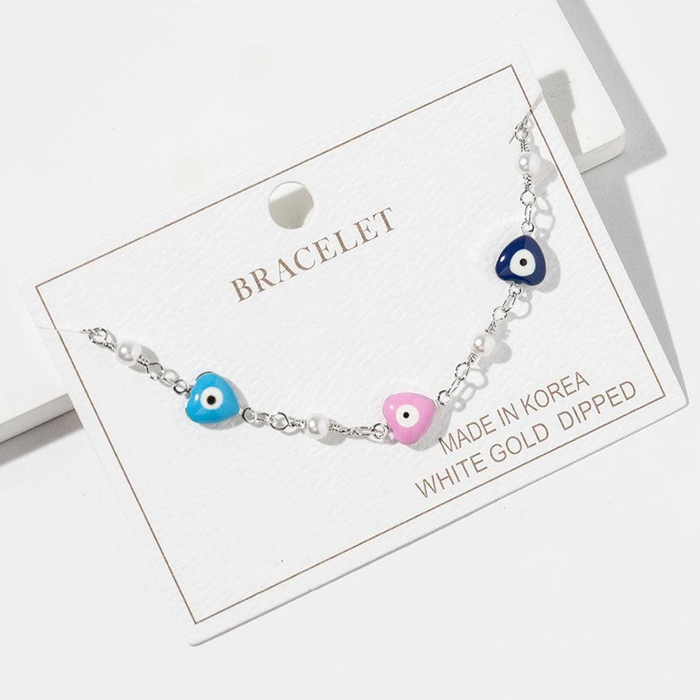 FASHNZFAB White Gold Dipped Heart Evil Eye Pearl Charm Link Bracelet 3