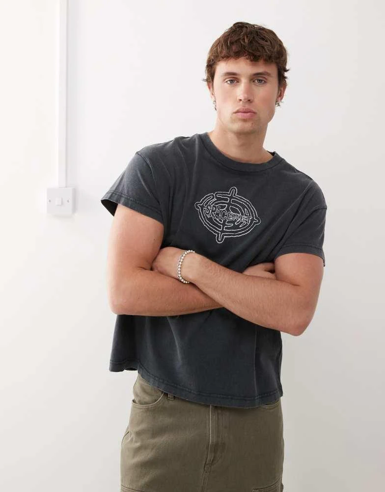 Weekday Weekday boxy fit t-shirt with cap sleeves and graphic print in washed black 3