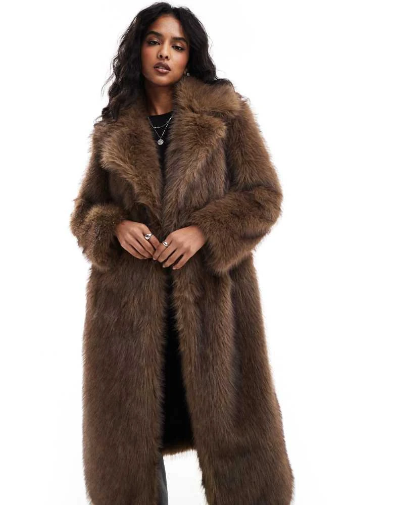 Stradivarius Stradivarius longline faux fur coat in brown 3