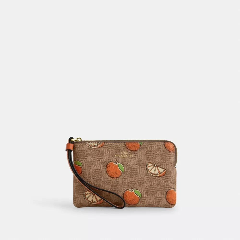 Coach Corner Zip Wristlet In Signature Canvas With Orange Print 1