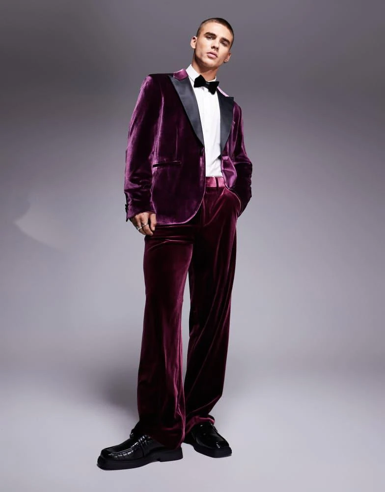 ASOS ASOS DESIGN slim velvet tuxedo blazer in burgundy 2