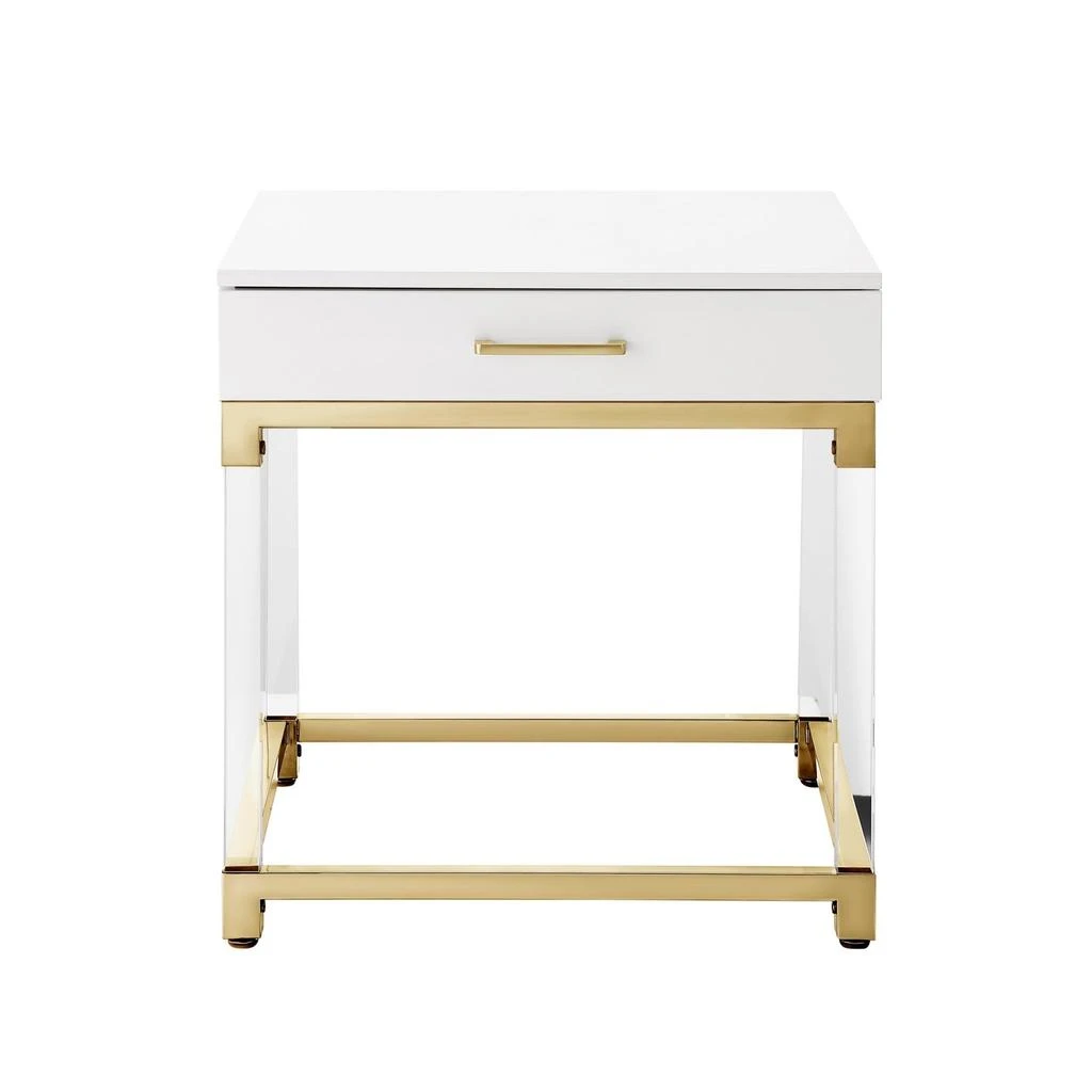 Hivvago 24" White and Gold Wood Acrylic and Stainless Steel Square End Table With Drawer 2