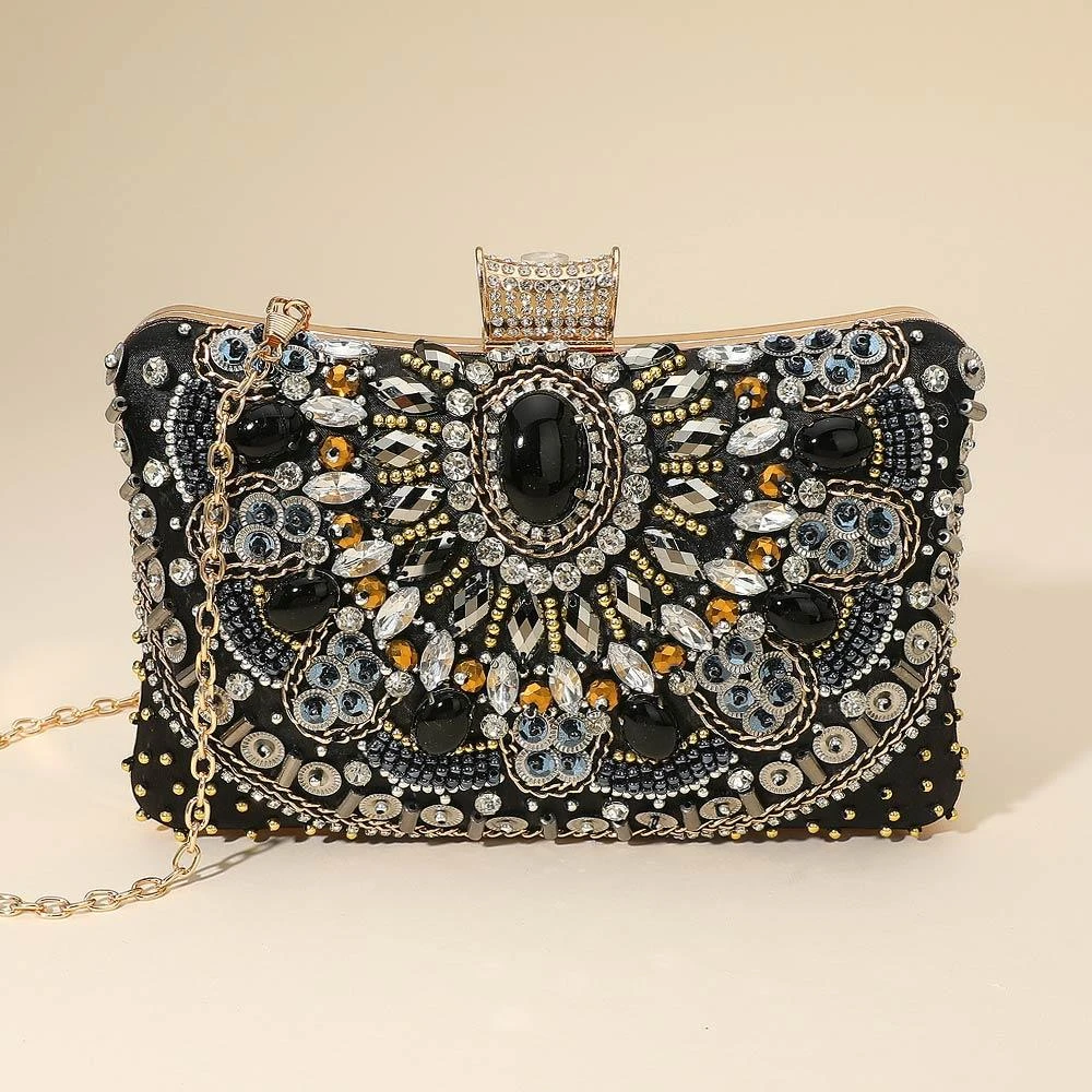 FASHNZFAB Ornate Gem Beaded Embellishment Evening Clutch Crossbody Bag
