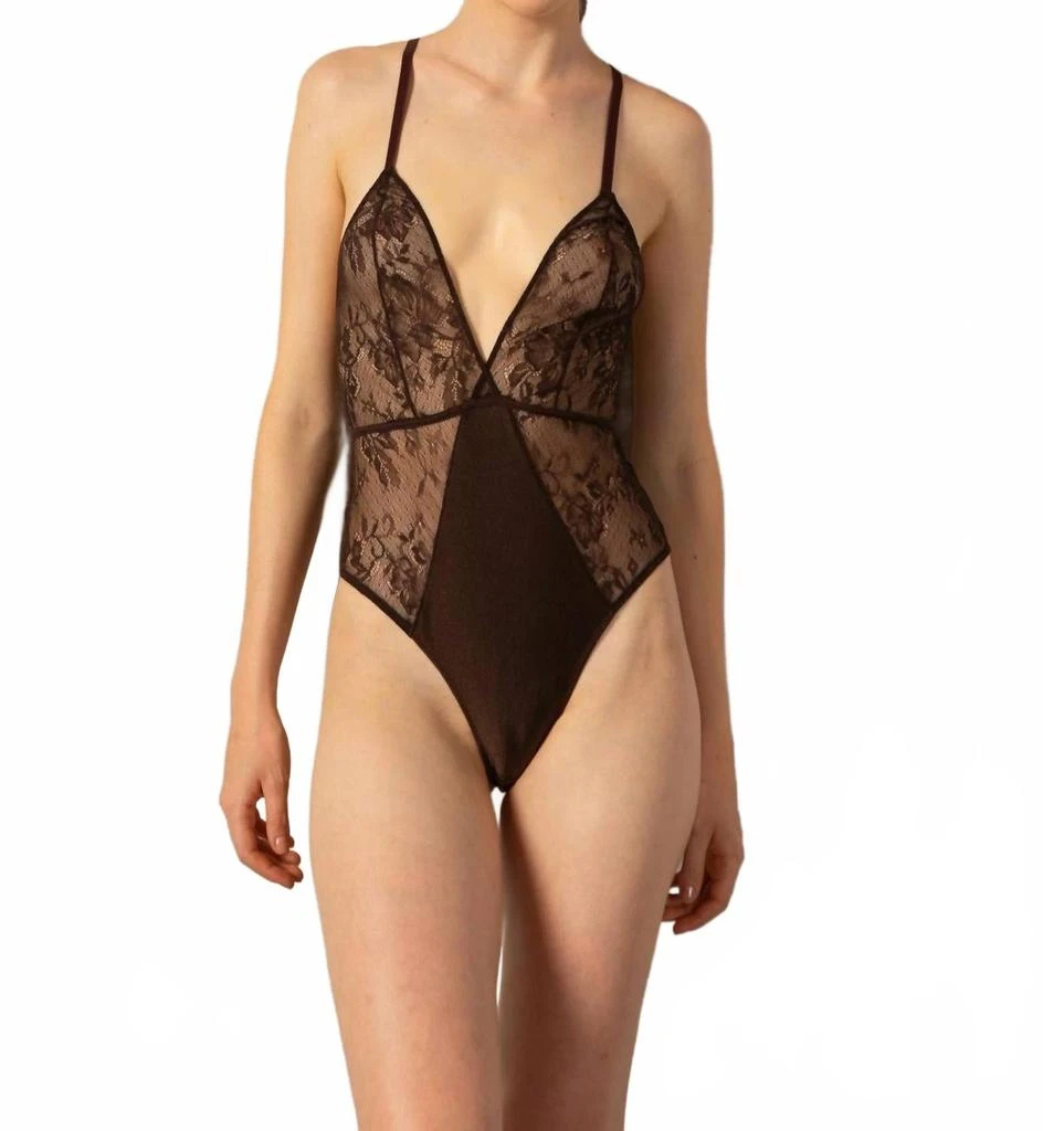 Adriana Degreas Lace Plunge-Neck Bodysuit In Brown