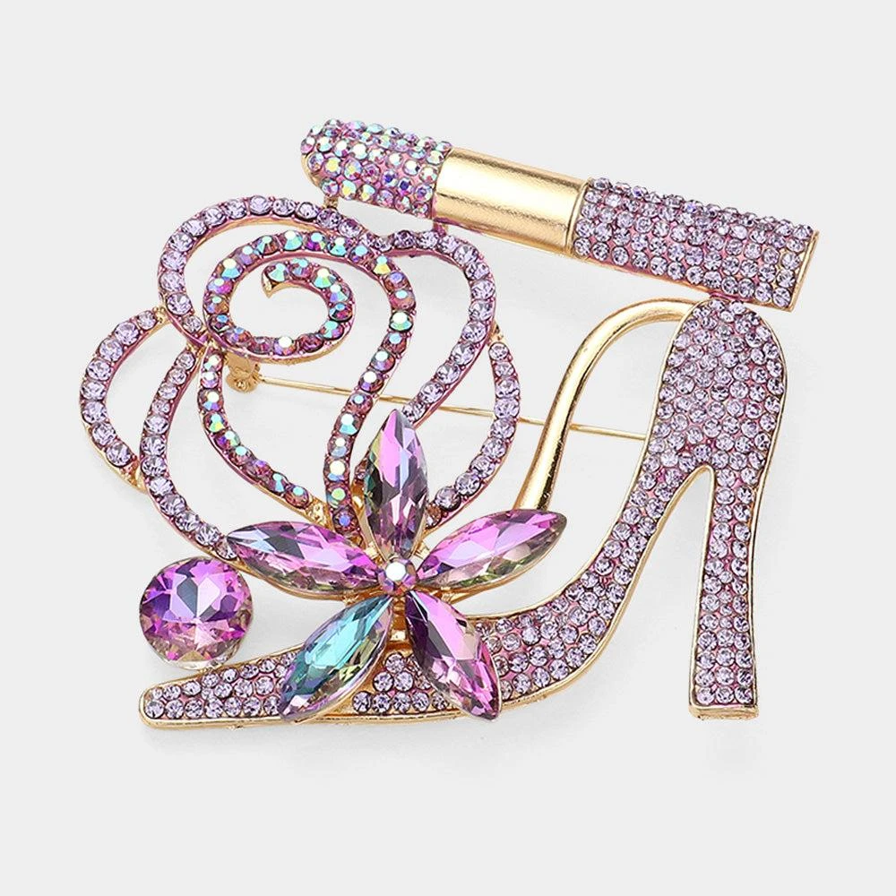 FASHNZFAB Rhinestone Pave High Heel Flower Lipstick Brooch