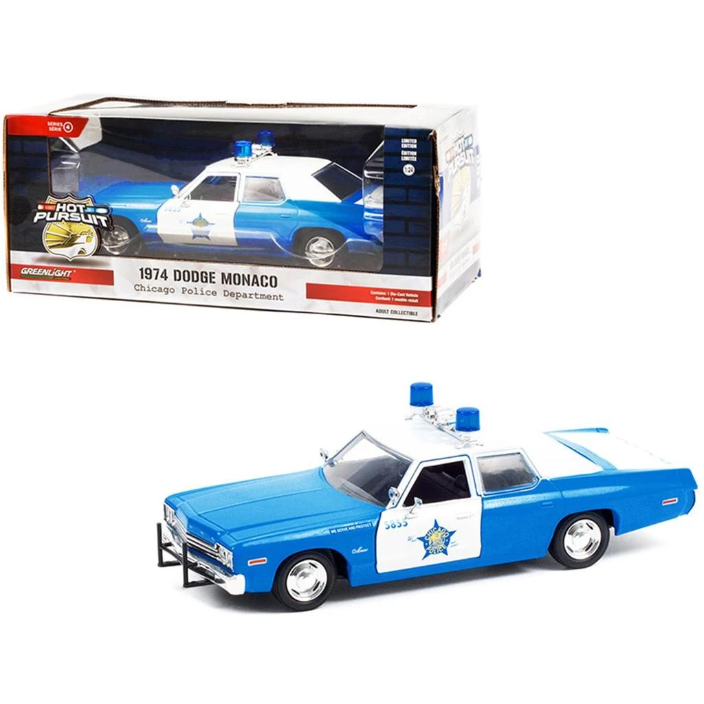 Greenlight 1-24 Scale CPD Chicago Police Department Hot Pursuit 1974 Dodge Diecast Model Car Blue & White 1