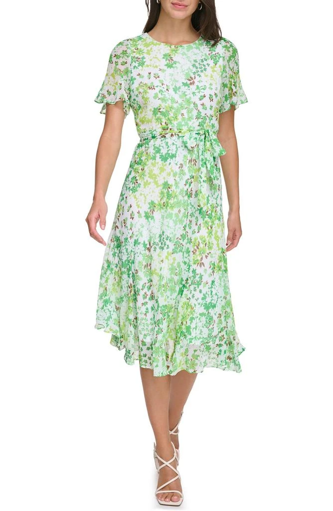 DKNY Women's Printed Godet Skirt Midi Dress Blue Size 12 Petite