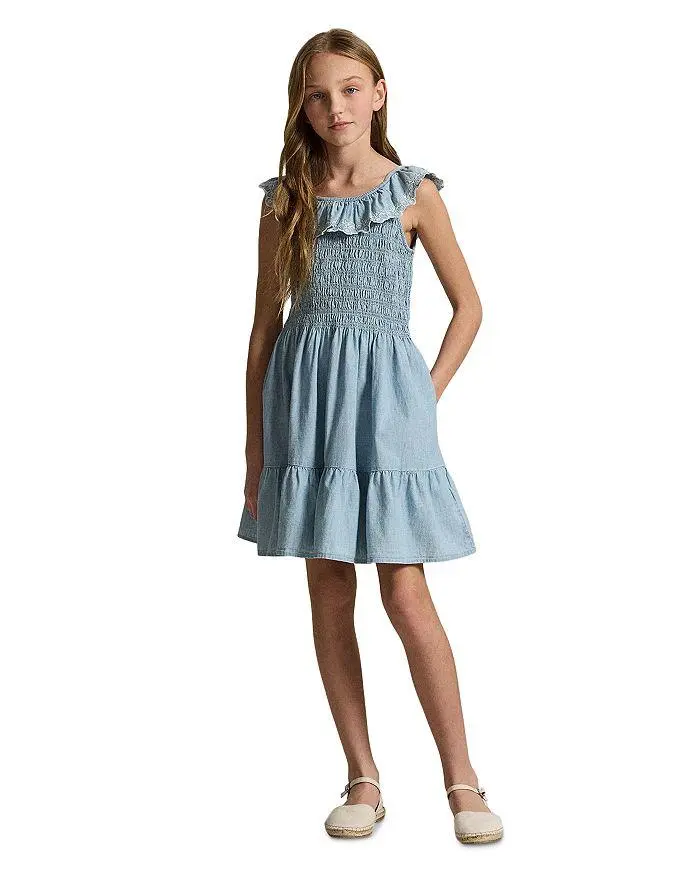 Ralph Lauren Girls' Blueberry Overlay Indigo Chambray Dress - Little Kid, Big Kid